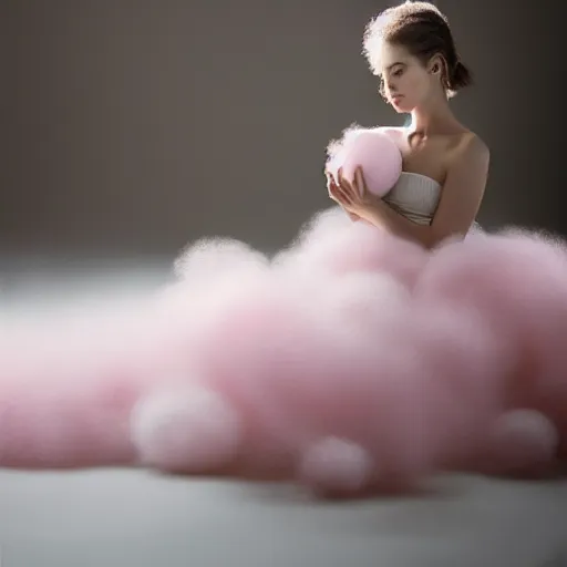 Prompt: photorealistic portrait of cute female model, fluffy soft pink and white cotton balls floating around in air, natural lighting, blurry background, 8 5 mm lens, by annie leibovitz