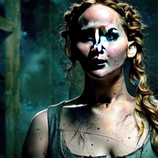 Image similar to jennifer lawrence as frankenstein's monster, color photography, sharp detail, still from the movie