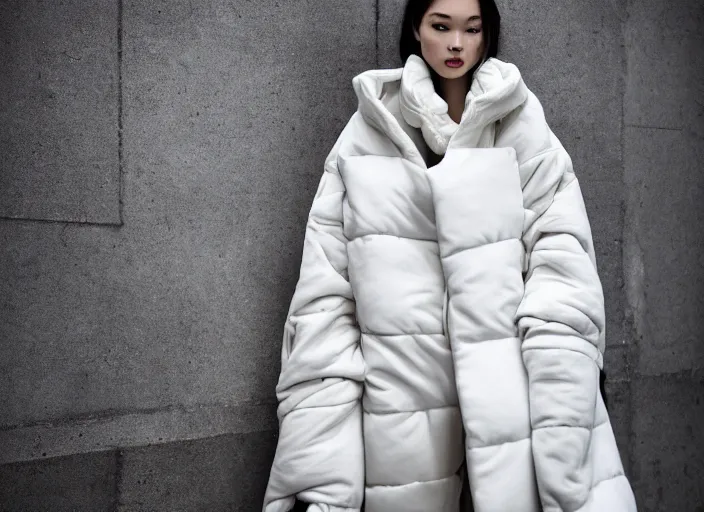 Image similar to well lit fashion shoot portrait of extremely beautiful female marble statue wearing huge over size puffer jacket by dingyun zhang, yeezy, balenciaga, vetements, a cold wall, sharp focus, clear, detailed,, cinematic, detailed, off white, glamourous, symmetrical, vogue, editorial, fashion, magazine shoot, glossy