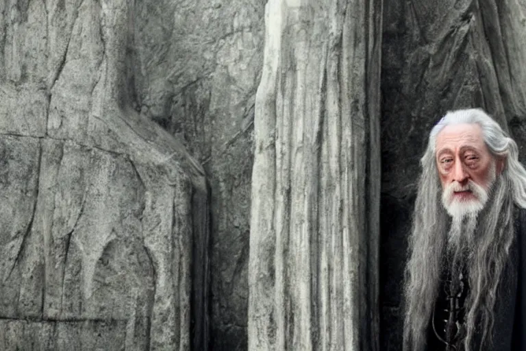 Image similar to gandalf played by charles dance, standing outside orthanc in the style of h. r. giger