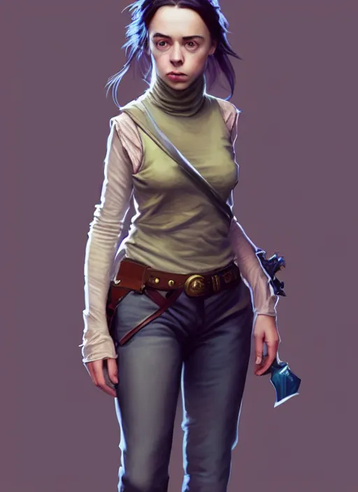 Image similar to portrait of a full body of beautiful young female detective, d & d, sleeveless turtleneck, fantasy, flat lighting, intricate, highly detailed, digital painting, artstation, concept art, smooth, sharp focus, illustration, billie eilish, art by simon bisley and greg rutkowski and alphonse mucha, natural tpose