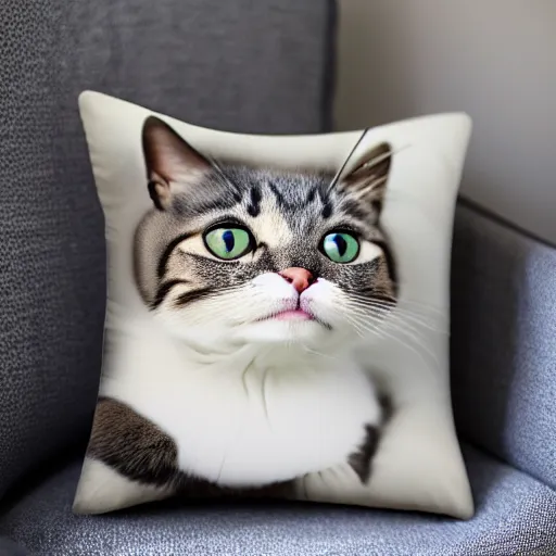Prompt: a stunning professional photo of a cat pillow, ultra detail, hyperrealistic, beautiful, national geographic quality