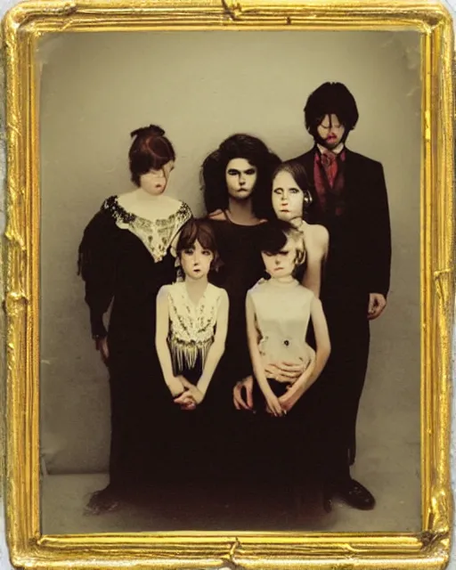 Image similar to an instant photo of a beautiful but sinister family in layers of fear, with haunted eyes and tangled dark hair, 1 9 7 0 s, seventies, delicate embellishments, a little blood, crimson, painterly, offset printing technique, mary jane ansell