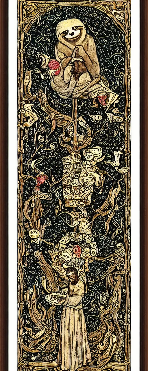 Image similar to sloth as the king of cups, framed, intricate details, medieval art style, high contrast, posterized