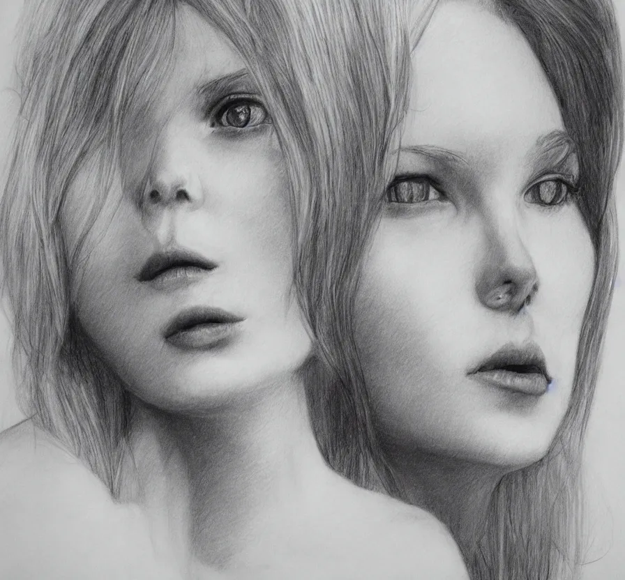 Image similar to alone woman + white hair + in nature + watching on sky + posing, photo, detail body,, pencil drawing, pencil, black, sketch, on paper, realistic, detailed, artstation