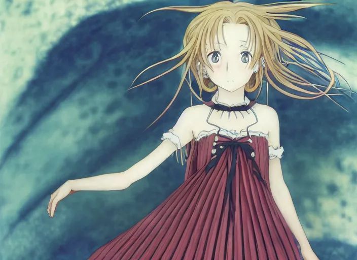 Prompt: anime portrait of a young girl wearing a pleated gothic dress and choker, kyoto animation, last exile, blue submarine no. 6, katsura masakazu, tsutomu nihei, gustav klimt, loish, murata range, kawaii, manga, bright colors, beautiful, vibrant, gradation, jean giraud, moebius, fantasy