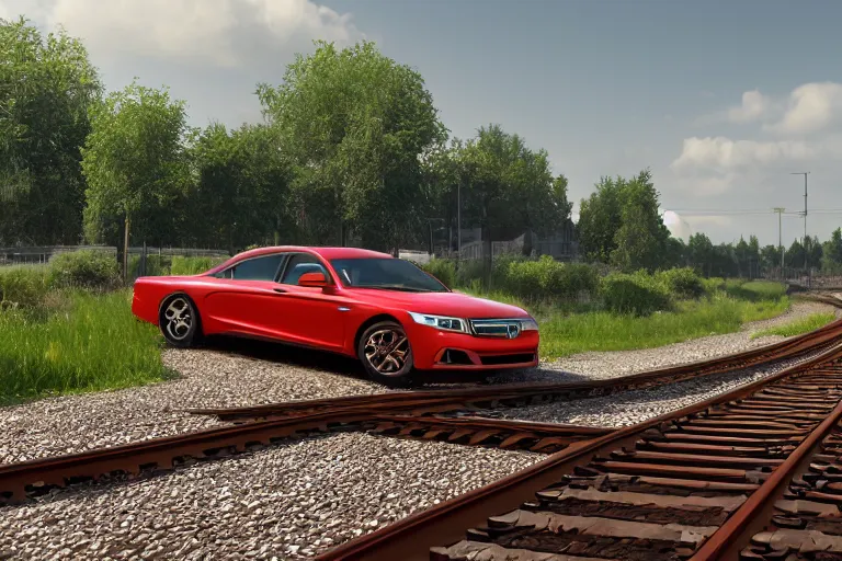 Image similar to HD luxury render of a car made of forks on train tracks, product photo, rendered in unreal engine 6, 4k