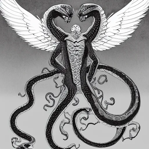 Image similar to an amalgamation of a snake, lizard, and human with one angelic wing and one demonic wing