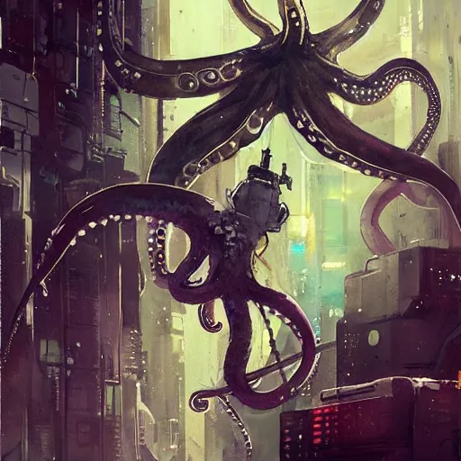 Image similar to Octopus in space, cyberpunk, realistic, detailed, Industrial Scifi, paint, watercolor, in the style of Ashley Wood and Wadim Kashin