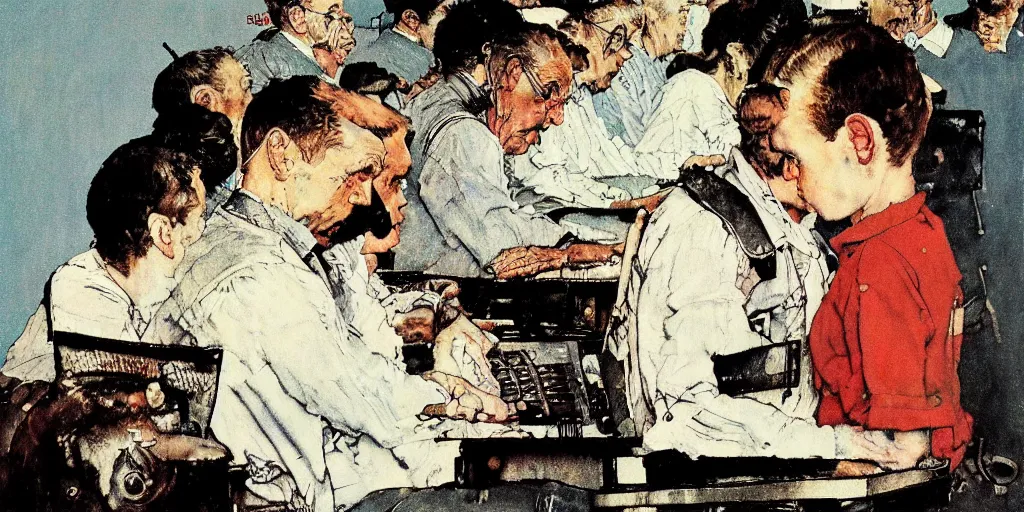 Image similar to staring into a computer screen, norman rockwell style, ralph steadman style, night color scheme