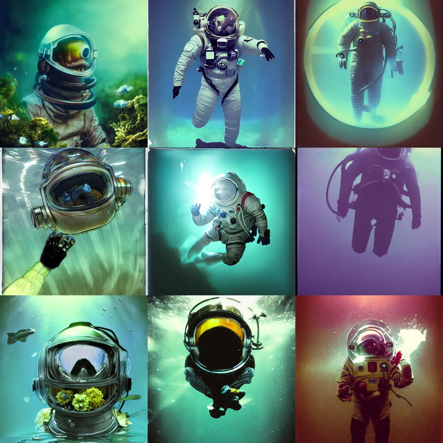 Prompt: concept art in the dark underwater diver astronaut with meka helmet sinking. flowers and algae wrapped it. transparent air bubbles everywhere. rays and dispersion of light breaking through the deep water. film photo, polaroid. trend artstation