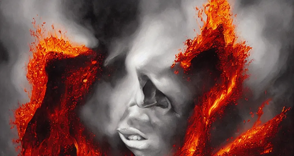 Image similar to a volcano made of ivory vines and crimson rocks enters in eruption, it spits a smoke in the shape of demonic eye, by Rob Hefferan