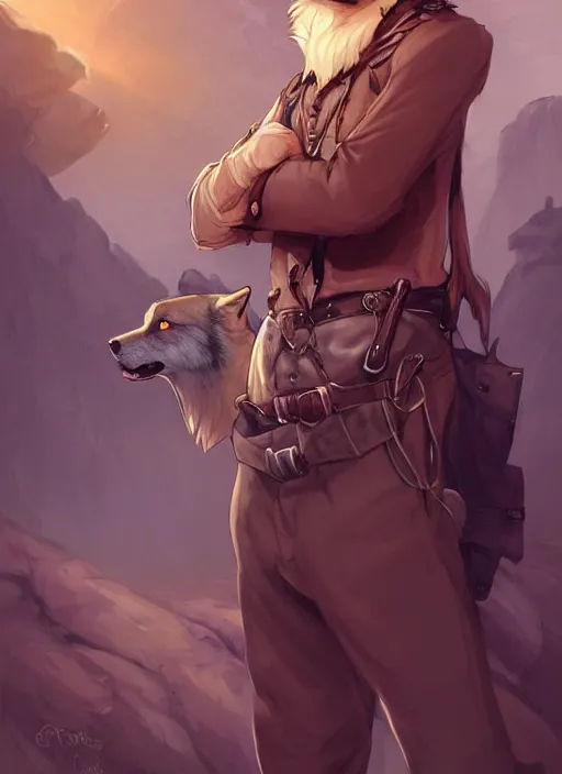 Prompt: beautiful portrait commission of a male furry anthro timber wolf wearing old-timey Sherriff's clothes with suspenders in an old-timey desert town. Atmospheric. Character design by charlie bowater, ross tran, artgerm, and makoto shinkai, detailed, inked, western comic book art