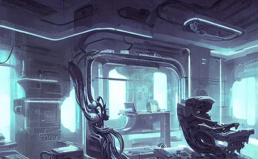 Image similar to neon surgery scanning machine cyberpunk futuristic, in a white room, art by giger, greg rutkowski