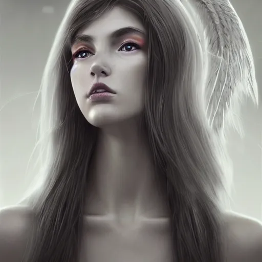 Prompt: A young beautiful female angelic-extraterrestrial-cyborg face with a very long neck, big detailed luminous eyes, thin nose, big lips, hair floating in the wind, Realistic, Refined, Digital Art, Pre-Raphaelite, Highly Detailed, Cinematic Lighting, rim light, dramatic, contrasted black and white, photo-realistic Unreal Engine, 8K