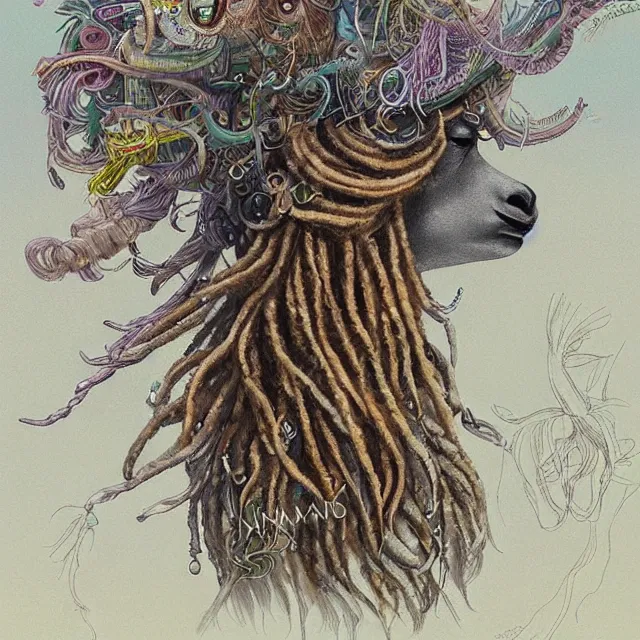 Image similar to llama with dreadlocks, by mandy jurgens, ernst haeckel, james jean. in the style of art deco