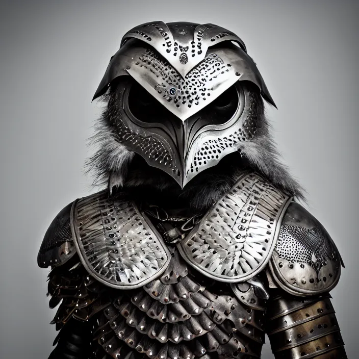 Image similar to portrait photograph of a warrior with metal owl armour. Extremely detailed. 8k