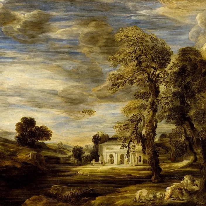 Image similar to a building in a serene landscape, by rubens