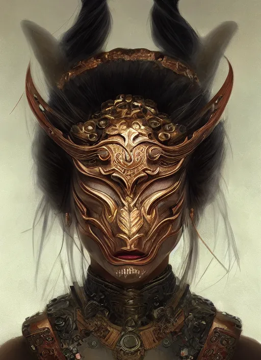 Image similar to a beautiful detailed oil on copper art illustration of a japanese samurai dragon mask woman, centered, by charlie bowater, zeng fanzh, trending on artstation, dim dusk lighting, cinematic lighting, detailed lighting, volumetric lighting, realistic, f 8, 4 k hd wallpaper