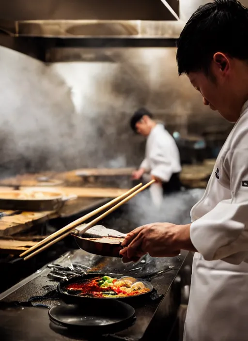 Image similar to a 2 8 mm macro photo from the back of a yakitori chef cooking in a commercial kitchen, splash art, movie still, bokeh, canon 5 0 mm, cinematic lighting, dramatic, film, photography, golden hour, depth of field, award - winning, anamorphic lens flare, 8 k, hyper detailed, 3 5 mm film grain