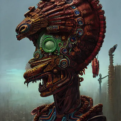 Image similar to a expressive portrait of masked diesel punk quetzalcoatl on the art of mayan ancient culture, artstation, award - winning realistic sci - fi concept art by jim burns and greg rutkowski, beksinski, a realism masterpiece, expressive color palette, james gilleard, bruegel, alphonse mucha, and yoshitaka amano