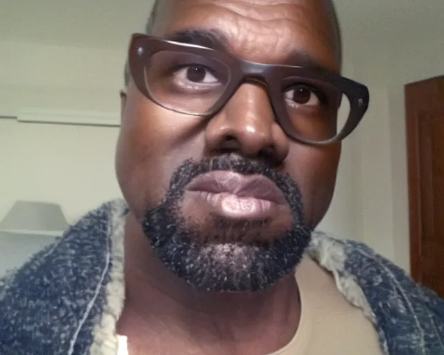 Image similar to my dad that looks like a poor version of Kanye West accidentally taking a selfie with the front camera, squinting because the camera flash is so bright in his face