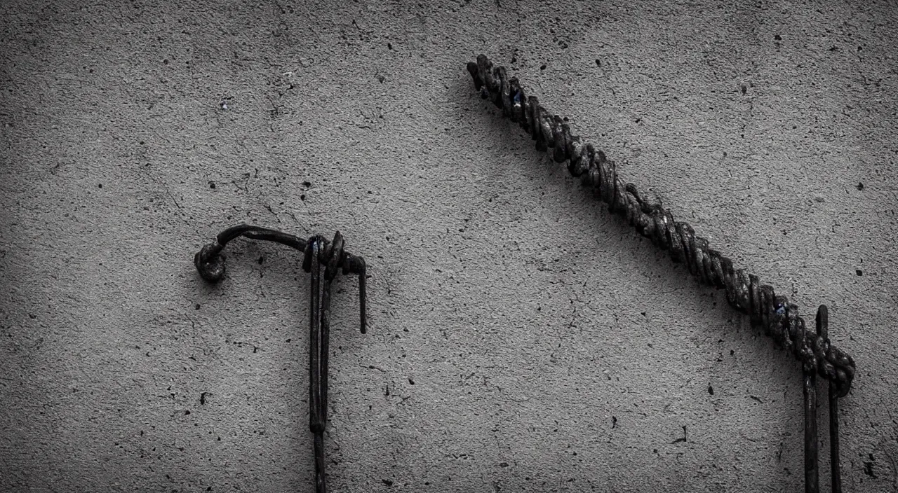 Image similar to dark unsettling creepy piece of rebar rod leaning against the wall, 5 5 mm photography detailed footage