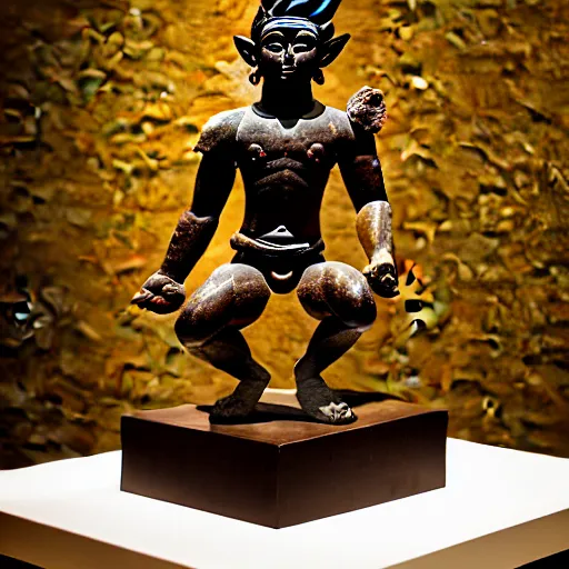 Prompt: photo of fragmented Bronze Babylonian sculpture of Goku made of Bronze, Bronze!! (EOS 5DS R, ISO100, f/8, 1/125, Museum, postprocessed)