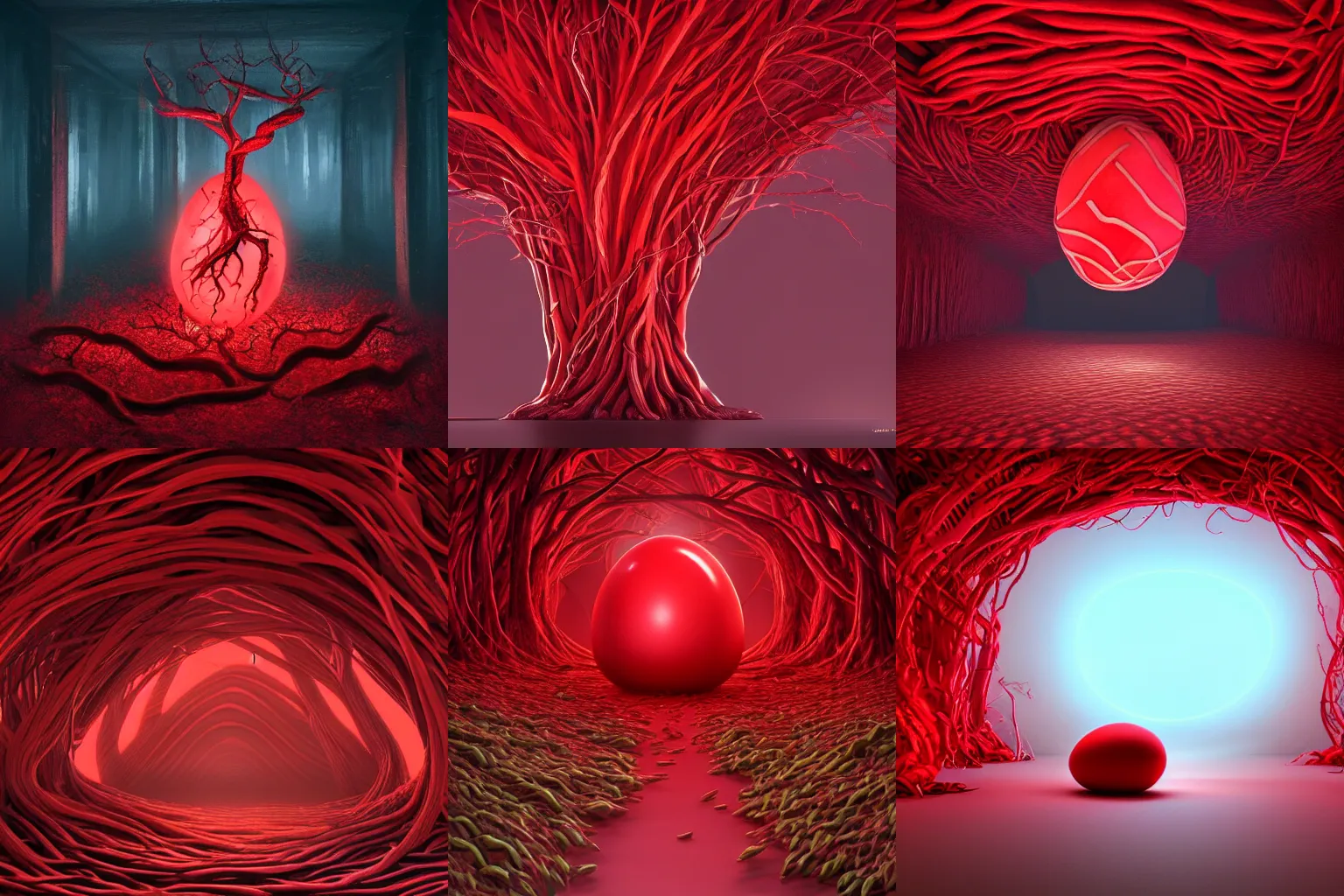 Prompt: Large red roots and thick red vines covering a giant red glowing egg and the entire room, dark red background, digital art, trending on artstation