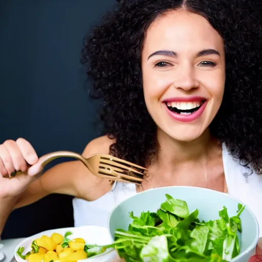 Prompt: Stock photo of woman eating salad with fork and laughing