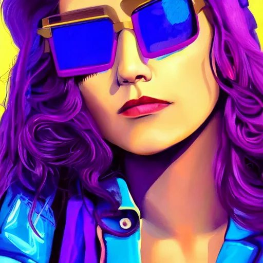 Image similar to closeup painting of a very beautiful young mexican cyberpunk woman with a smirk, light blue retro shades, and a purple coloured leather jacket, one side haircut, long brown hair with light blue ends, portrait, sci - fi, hyperdetailed, artstation, cgsociety, synthwave by tangerine dream, by jean - michel jarre, by vangelis, by john carpenter