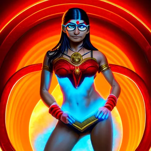 Image similar to mia khalifa as darna, wax figure, glowing eyes, volumetric lights, red and cyan theme, art nouveau botanicals, intricate, highly detailed, digital painting, artstation, concept art, smooth, sharp focus, cinematic, illustration, beautiful face, art by artgerm and greg rutkowski and alphonse mucha