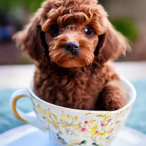 Prompt: very realistic cute brown poodle puppy sitting inside a tea cup