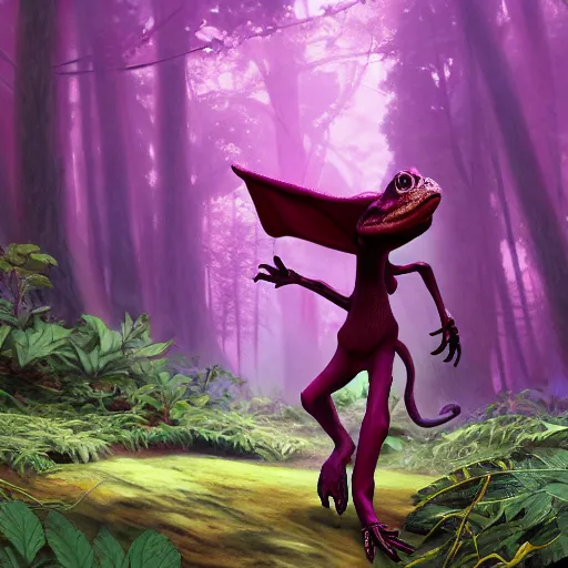 Image similar to concept art painting of an anthropomorphic humanoid lizard wearing magenta wizard robes, in the deep forest, realistic, detailed, cel shaded, in the style of makoto shinkai and greg rutkowski and james gurney