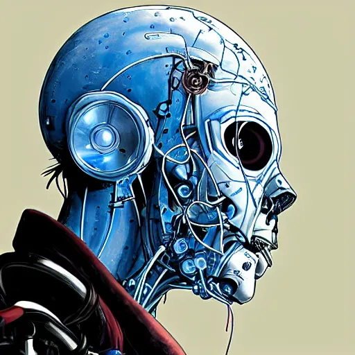 Prompt: Male cyborg, battle-damaged, scarred, wearing facemask, youthful face, bored expression, blue eyes, sterile background, head in profile, sci-fi, bio-mechanical, wires, cables, gadgets, Digital art, detailed, anime, artist Katsuhiro Otomo