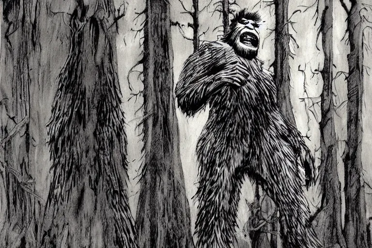 Image similar to mad bigfoot screaming in the woods artwork by ben templesmith