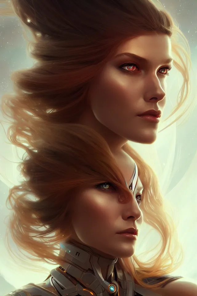 Image similar to futuristic woman portrait, sci-fi, amber eyes, face, long hair, fantasy, intricate, elegant, highly detailed, digital painting, artstation, concept art, smooth, sharp focus, illustration, art by artgerm and greg rutkowski and alphonse mucha