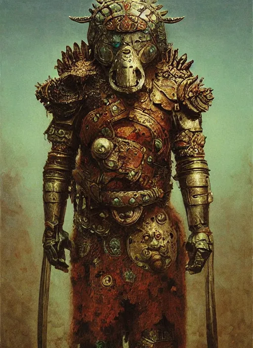 Prompt: ape warrior in ancient ornamented armor concept, beksinski, ruan jia