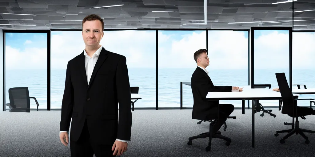 Image similar to full body portrait, white man in black suit surfs in office, ocean wave, furniture around, business surrounding, dslr, insane details, hyper reallistic, 8 k,, ultra clear detail, hdr, textured, award winning, professional photography