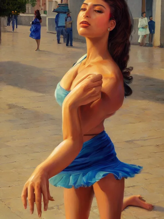 Prompt: an ultradetailed beautiful portrait painting of a cuban girl as a salsa dancer on a spanish plaza, side view, oil painting, high resolution, by ilya kuvshinov, greg rutkowski and makoto shinkai