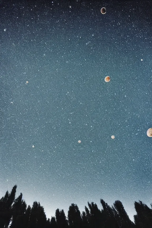 Image similar to low angle, shot from below. two big moons in night sky. milky way. field of big frozen yellow flowers. starfield and galactics in the sky. galactics in the sky. lens flare, bokeh