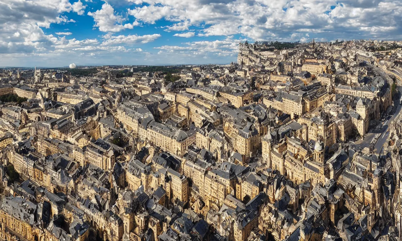 Image similar to highly detailed, intricate stunning image of an ornate baroque city landscape poking through the clouds into the bright blue sky : : 6, looking down from a balcony high up a tower : : 1 0, surrounded by higer baroque castle towers