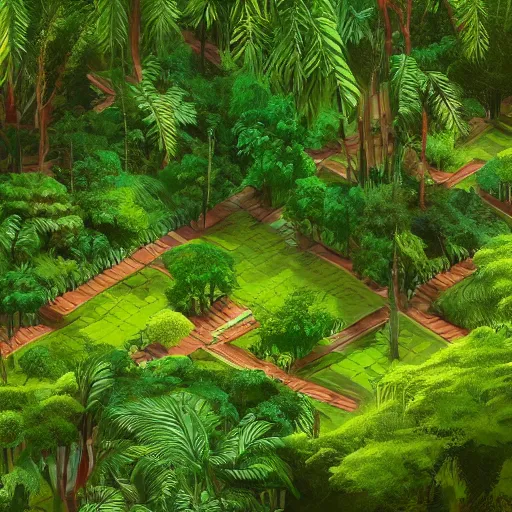 Prompt: tropical forest in game by Greg Rutkowski. isometric view