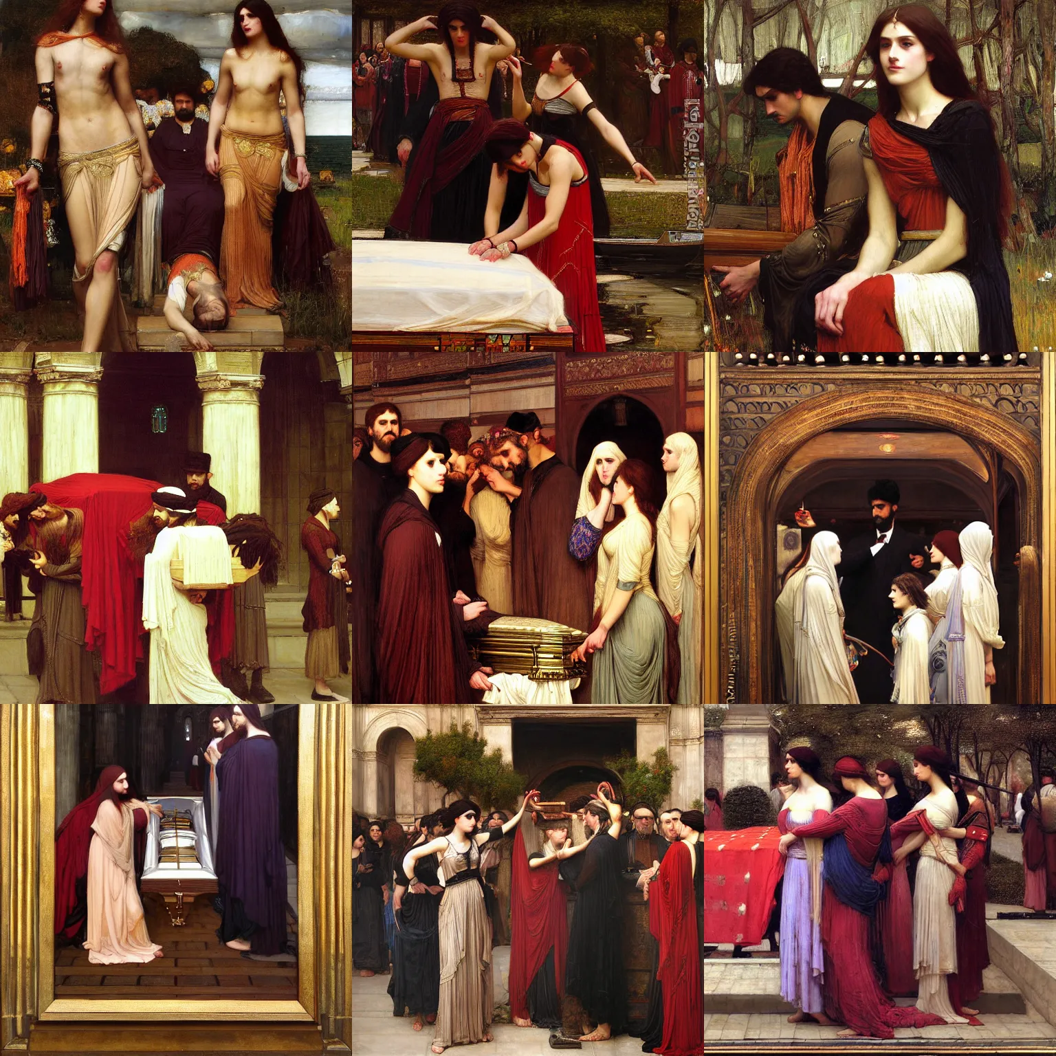 Prompt: the funeral march intricate painting by john william waterhouse and Edwin Longsden Long and Theodore Ralli and Nasreddine Dinet, oil on canvas. Cinematic, hyper realism, dramatic lighting, high detail 8k
