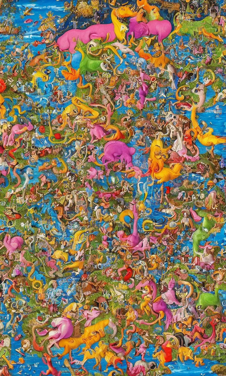 Image similar to an incredibly detailed masterpiece painting of a I SPY puzzle by bosch and lisa frank, ornate, beautiful, bold colors, detailed, high resolution, wow!, intricate