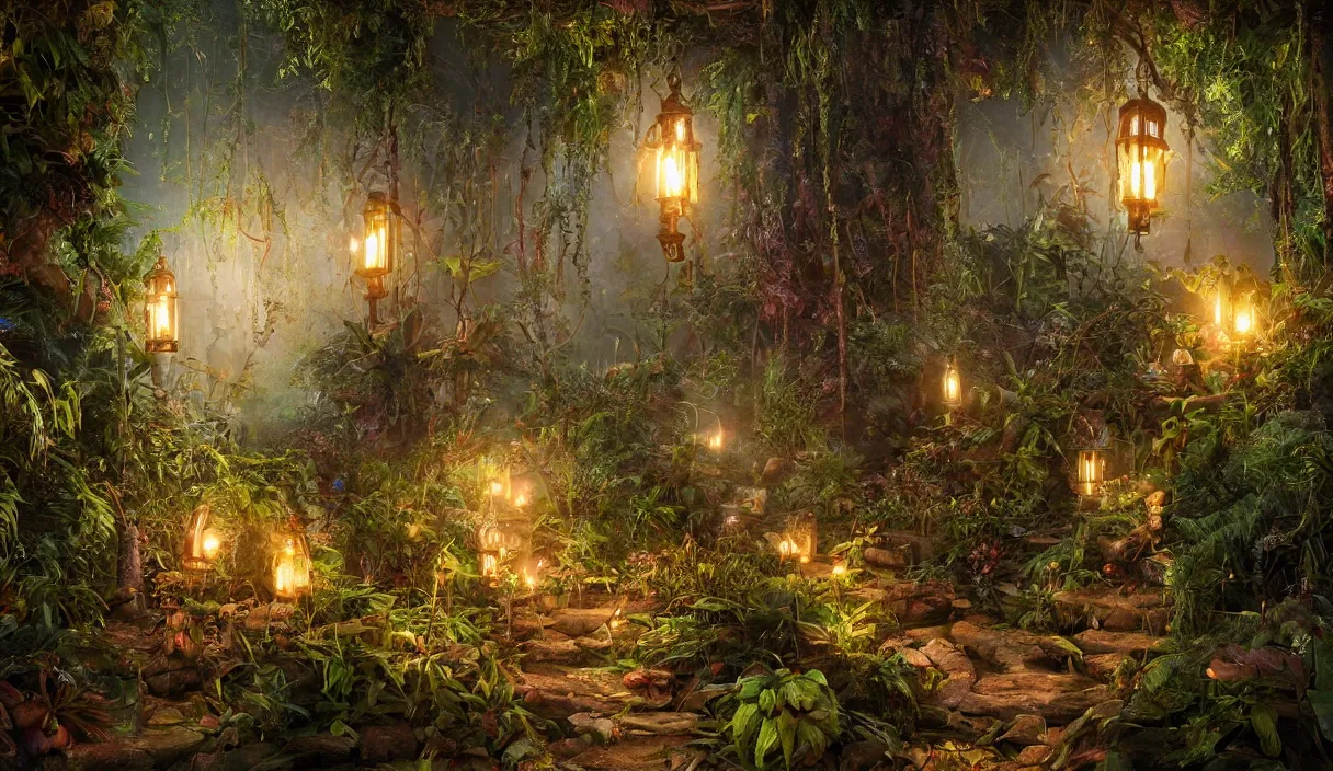 Image similar to jungle, path, lanterns, stars, torches, fireflies, bioluminescence, fire, fog, insane details, intricate, elite, ornate, elegant trend, highly detailed and intricate, sharp focus, photography, unreal engine, trending on artstation, photorealistic, octane, hyper detailed, trending on deviantart,