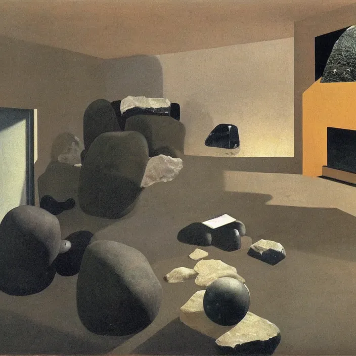 Prompt: the giant boulder, dark obsidian rock of ages filling up the interior of a mid - century modern home. painting by hammershoi, karel thole, bonnard, bekinski