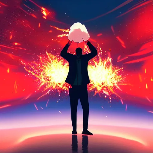 Image similar to man hitting the ground creating a explosion, anime, album cover, rain