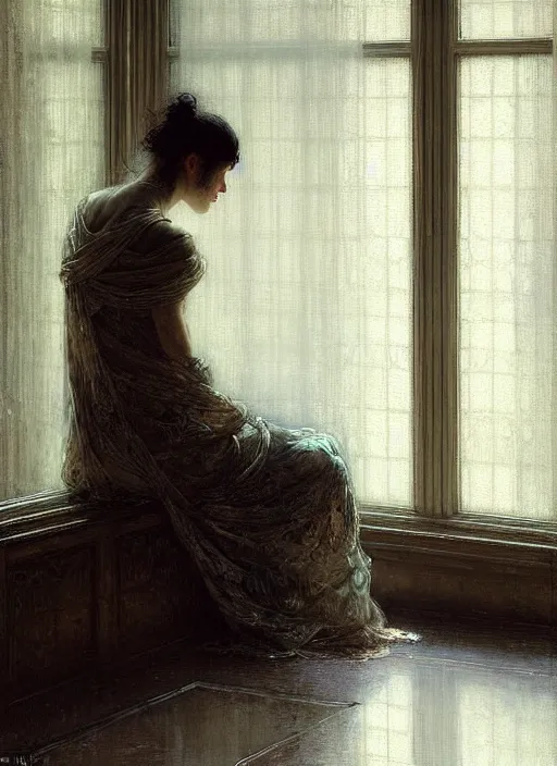 Prompt: a portrait of beautiful woman sitting in the floor, inside a modern apartment, intricate oil painting, hyperdetailed, misty, ethereal, dramatic lighting, by jeremy mann and ruan jia and lawrence alma - tadema