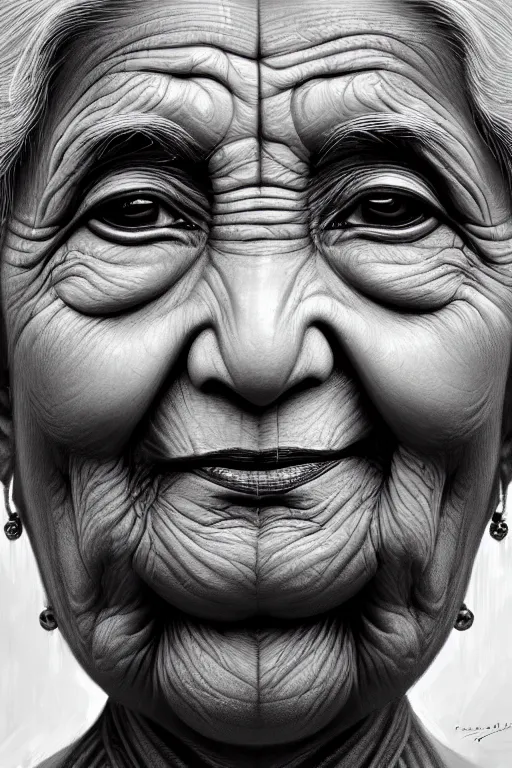 Image similar to ultra detailed close up face portrait of mamatha gandhi, black and white face portrait, extremely detailed digital painting, in the style of fenghua zhong and ruan jia and jeremy lipking and peter mohrbacher, mystical colors, rim light, beautiful lighting, 8 k, stunning scene, raytracing, octane, trending on artstation